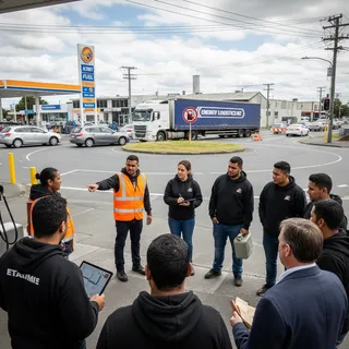 Fuel supply chain with trucks and gas pumps, representing regulatory barriers in New Zealand.