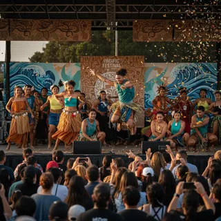 Dancers perform contemporary Moana movements at the Pacific Dance Festival in Papatoetoe & Otara, Auckland.