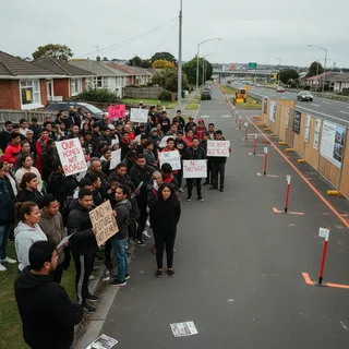 A street in Papatoetoe with houses, some marked for a future transit project.