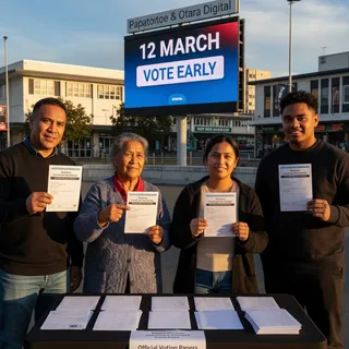 Photorealistic news photograph of Papatoetoe ballot box with voting papers arriving soon for a local by-election.