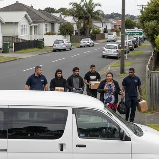 Parolees stand near a bus at a relocation site, with buildings in the background under natural lighting.