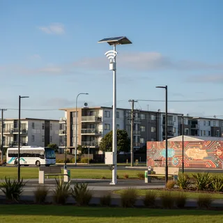 Digital news photograph of a school building with empty grounds in Papatoetoe & Otara, realistic lighting and setting.