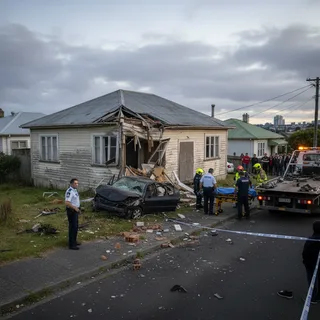 Stolen car crashed into an unoccupied house in Ōtara, causing significant damage.