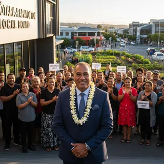 Vī Hausia, community advocate, in a realistic setting, elected as the new chair of Ōtara-Papatoetoe Local Board.