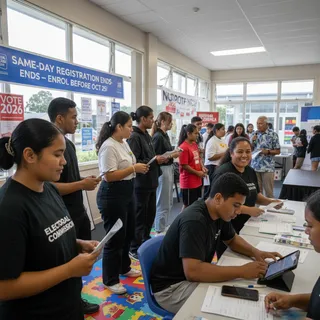 A diverse group of Pasifika and young voters in a realistic Papatoetoe setting urging enrolment.