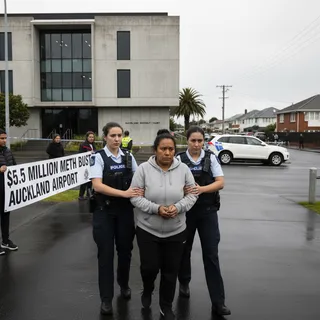 A 33-year-old New Zealand woman in handcuffs at Auckland Airport, facing drug charges.