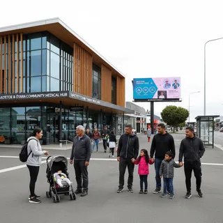 A diverse group of people are seen near a modern, welcoming medical centre in a suburban setting.