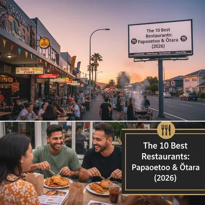 Photorealistic image of local eateries in Papatoetoe and Ōtara, New Zealand, showcasing diverse dining options and a vibrant community atmosphere.