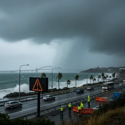 Auckland Harbour Bridge shrouded in dark clouds as Cyclone Vaianu approaches, threatening travel disruption.