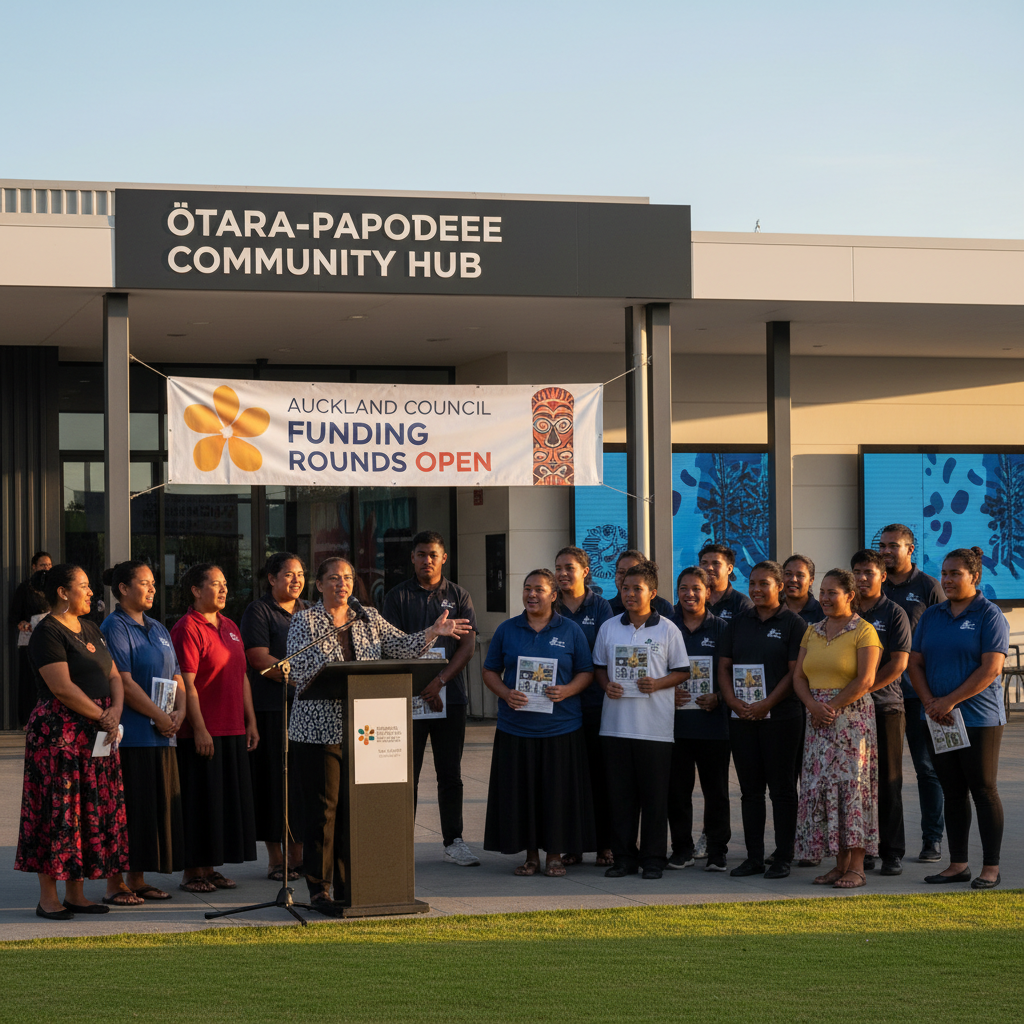 Ōtara-Papatoetoe community groups gather for Auckland Council funding announcement in Papatoetoe & Otara Digital region.