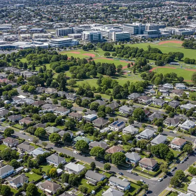 Aerial photograph of the residential streets and houses of Otara, a diverse and family-friendly suburb located in South Auckland, New Zealand.