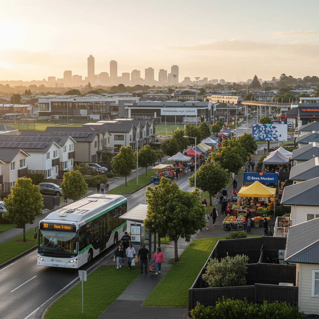 Photorealistic view of the diverse communities and urban landscape of Papatoetoe and Ōtara.
