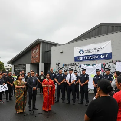 Community leaders, police, and politicians gather in Papatoetoe to discuss anti-Indian sentiment and racist graffiti.