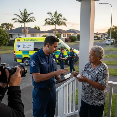 Paramedics in uniform outside a hospital, ready to provide medical care and prescribe medication.