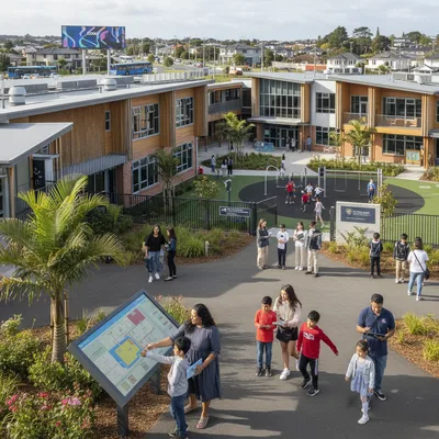 A photorealistic regional news photograph of schools in Papatoetoe and Ōtara with natural lighting.
