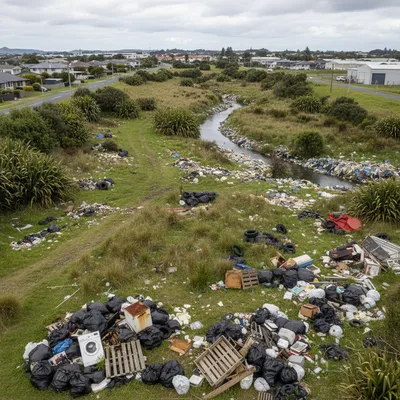 Discarded furniture and trash piled up in a suburban street in South Auckland, New Zealand.