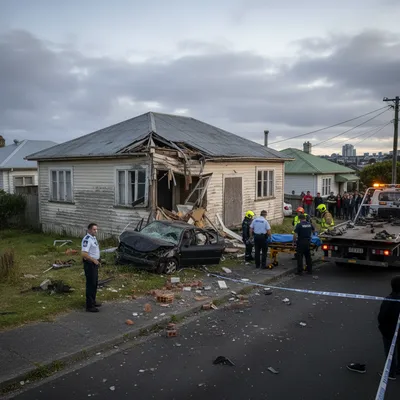 Stolen car crashed into an unoccupied house in Ōtara, causing significant damage.