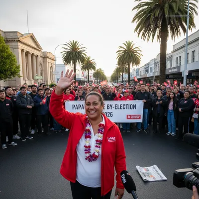 Vi Hausia in a photorealistic image, leading the Papatoetoe local board by-election.