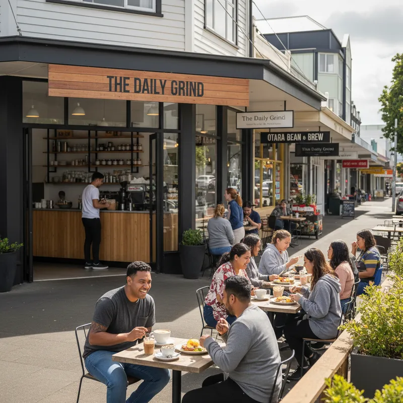 A busy cafe interior with patrons enjoying coffee and brunch, featuring natural lighting and a realistic setting.