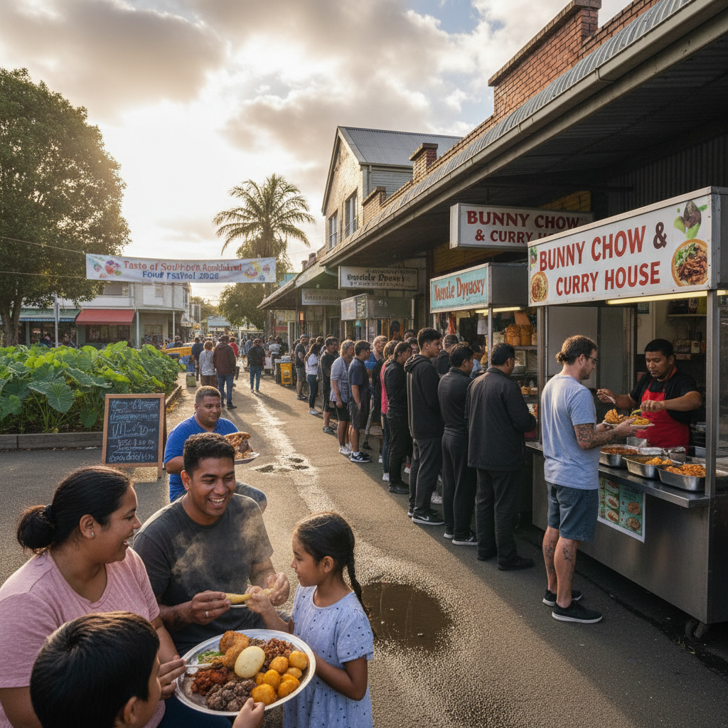 A photorealistic news photograph of a vibrant Papatoetoe restaurant, highlighting local cuisine and dining experiences.