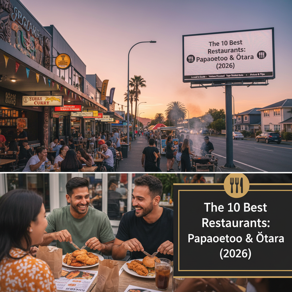Photorealistic image of local eateries in Papatoetoe and Ōtara, New Zealand, showcasing diverse dining options and a vibrant community atmosphere.