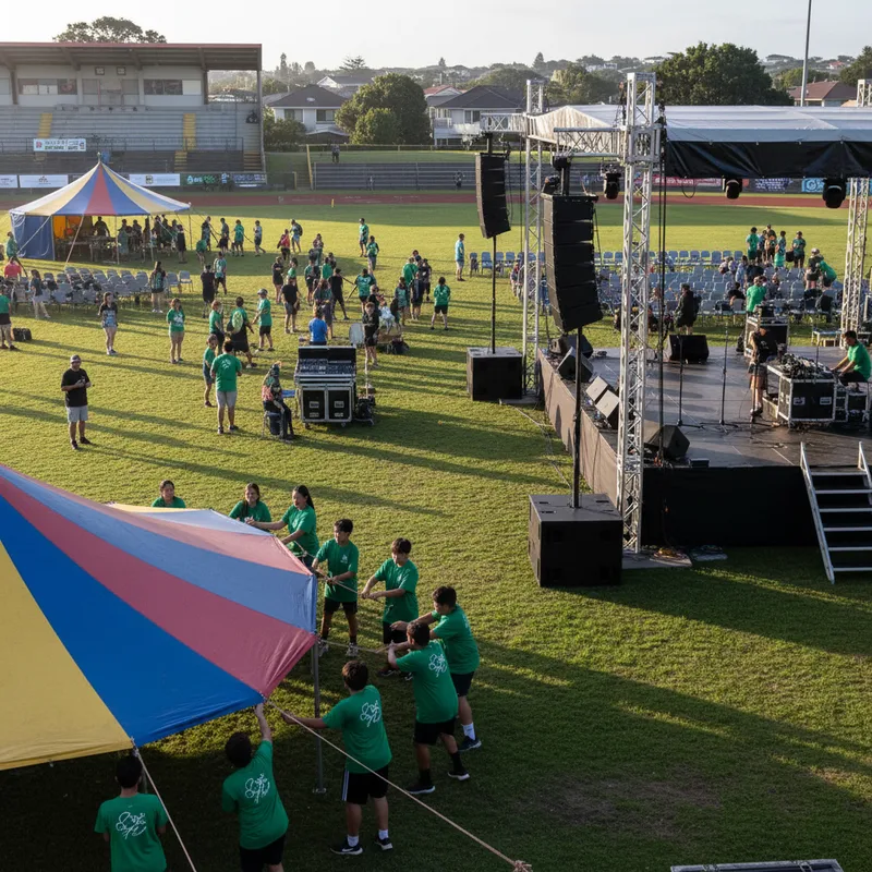 Volunteers arrange tents and sound gear at Manukau Sports Bowl for ASB Polyfest, anticipating large student crowds despite funding challenges.