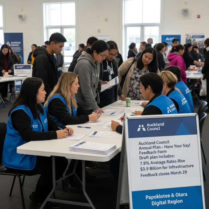 Auckland Council staff engage with residents at a public Annual Plan feedback event, discussing forms and signage at a table.