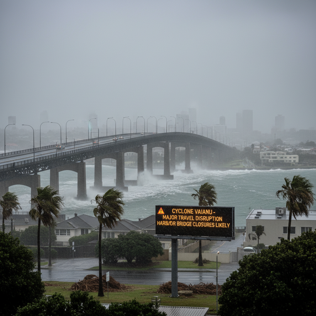 Auckland Harbour Bridge closed due to Cyclone Vaianu with strong winds and heavy rain expected.