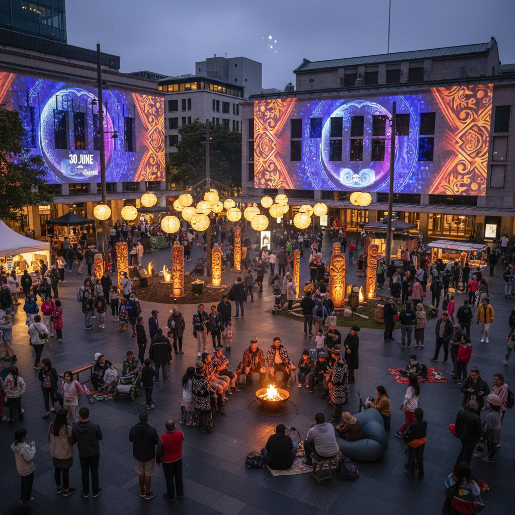 Aotea Square illuminated with light shows and Māori art during Matariki ki te Manawa celebrations.