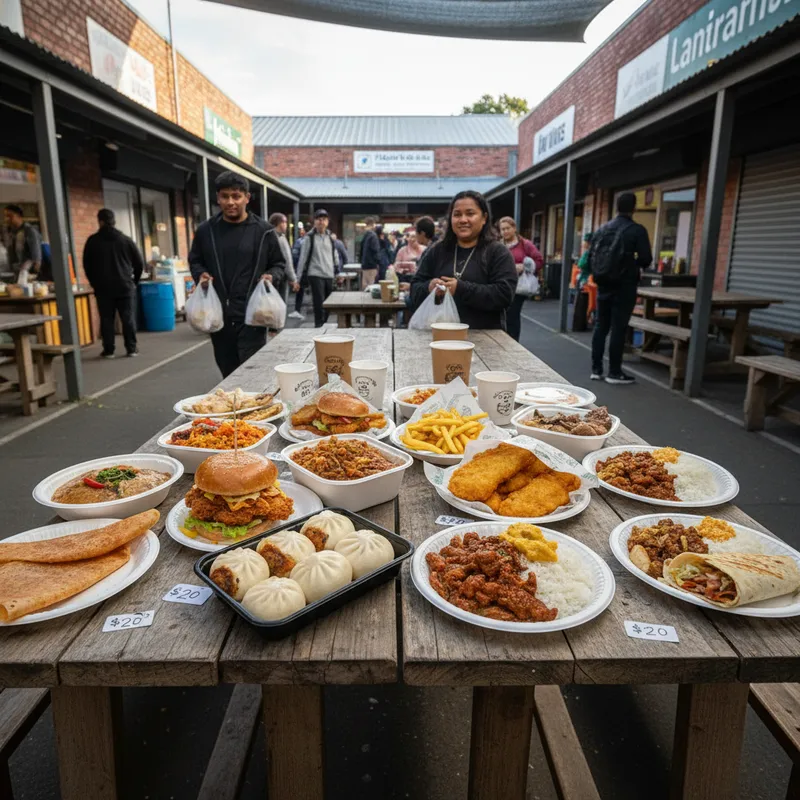 Street-level view of takeaway food shops offering budget-friendly meals in Papatoetoe and Ōtara.
