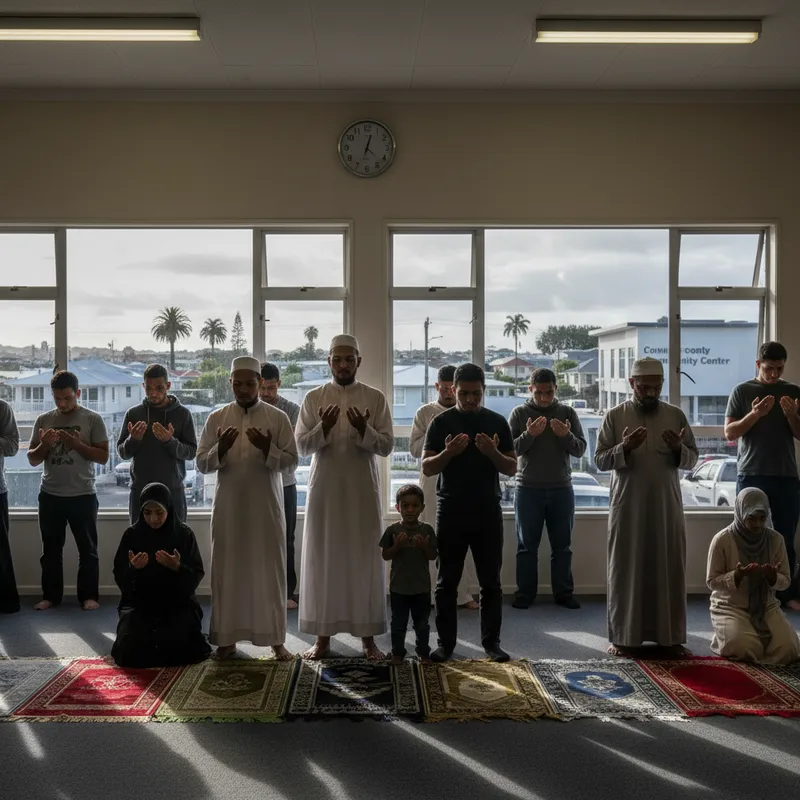 South Auckland Muslims engaging in daily prayer, a spiritual rhythm structuring their community life.