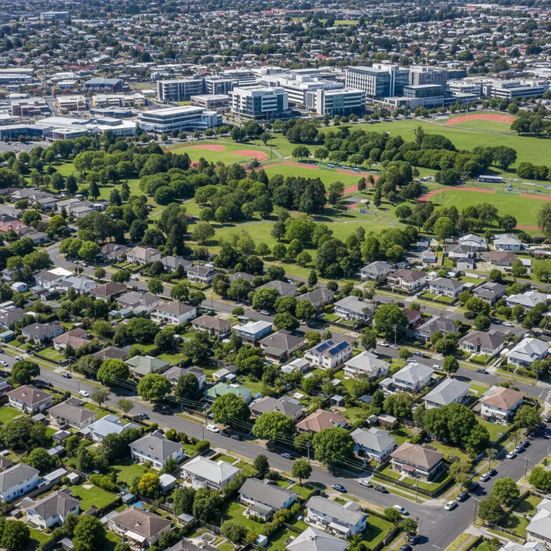 Aerial photograph of the residential streets and houses of Otara, a diverse and family-friendly suburb located in South Auckland, New Zealand.