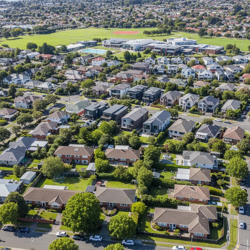 A sunny, tree-lined residential street in Papatoetoe, Auckland, featuring classic 1970s brick and tile family homes with well-kept gardens.