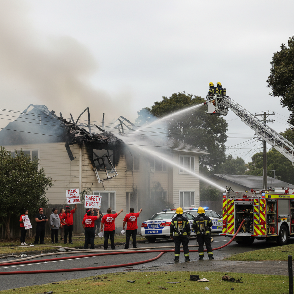Firefighters battling a house fire breaking through the roof under natural daylight.