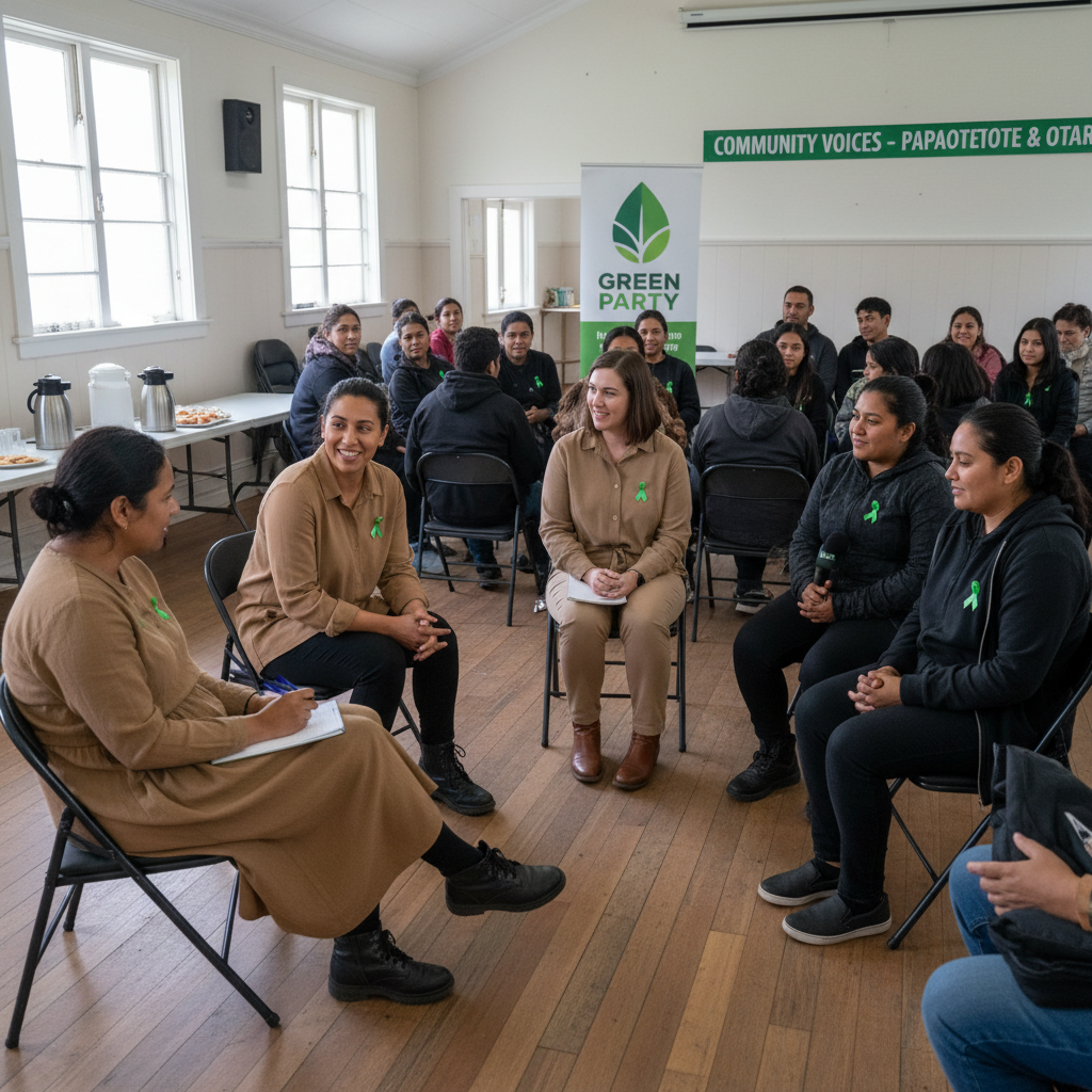 South Auckland Green Party candidates listen to community concerns at a news-style event in Papatoetoe.