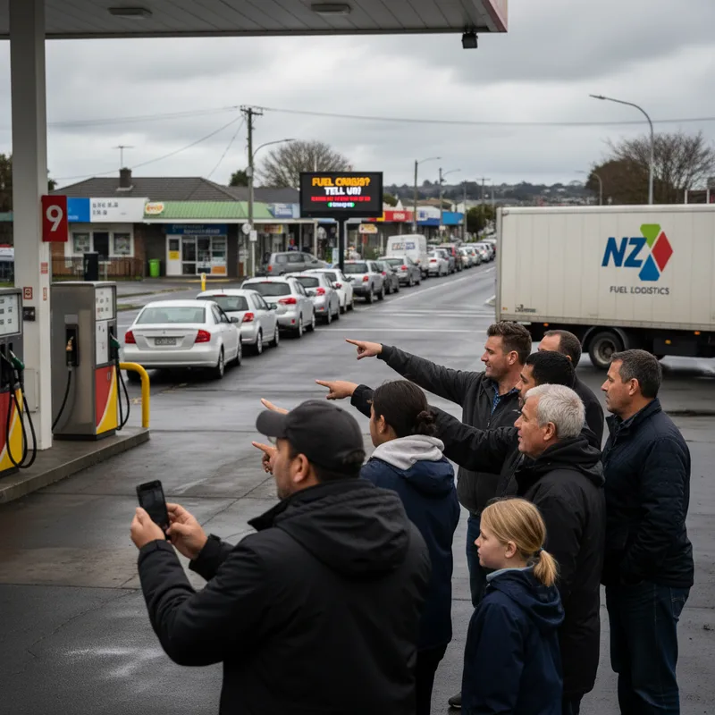 Photorealistic news image of a New Zealand gas station with a person in the foreground looking at their phone.
