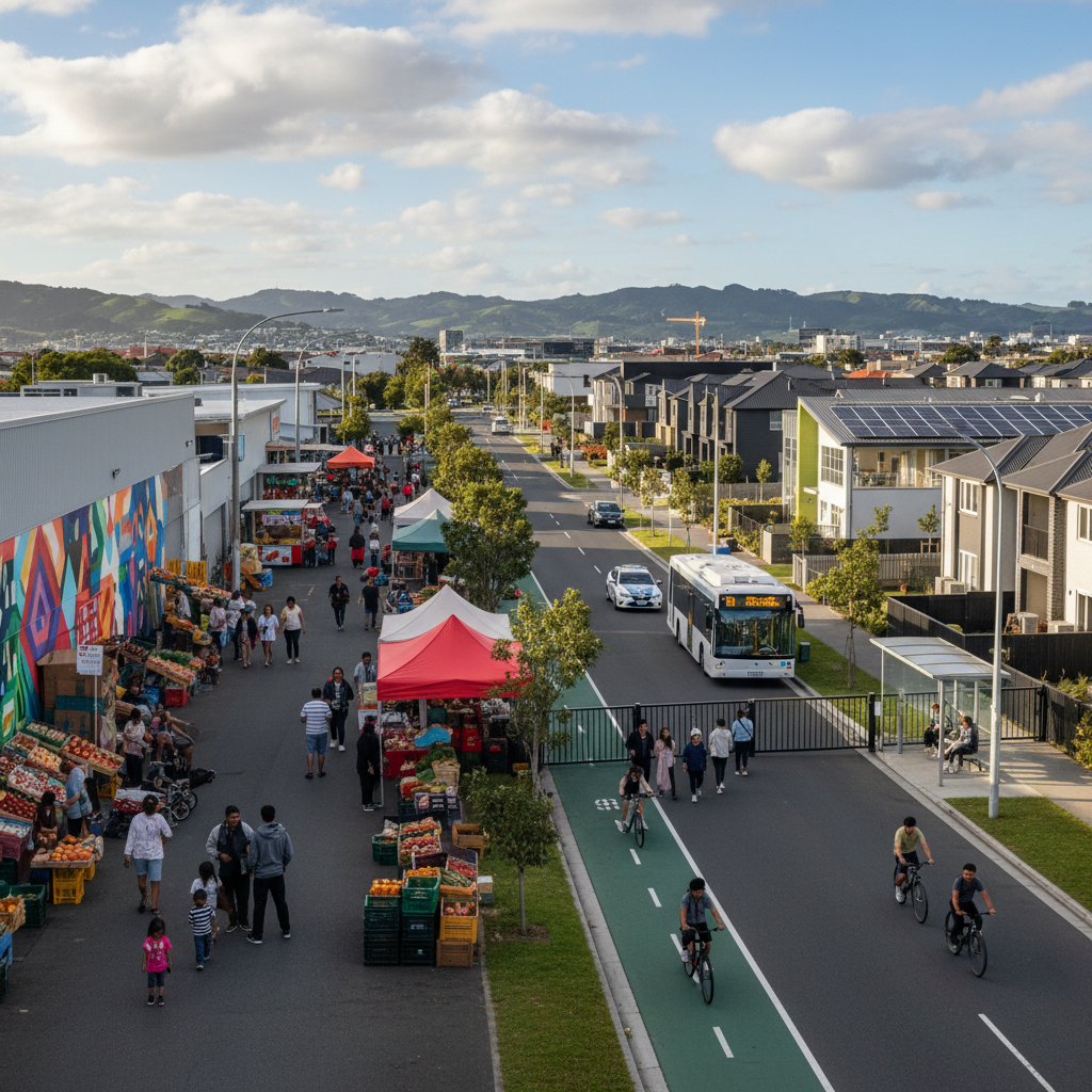 Street view of Papatoetoe and Ōtara showing local shops and houses under natural lighting.