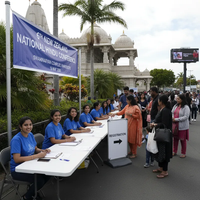 Volunteers managing the registration desk and signage at the Swaminarayan Complex in Papatoetoe. — Papatoetoe & Otara Digital