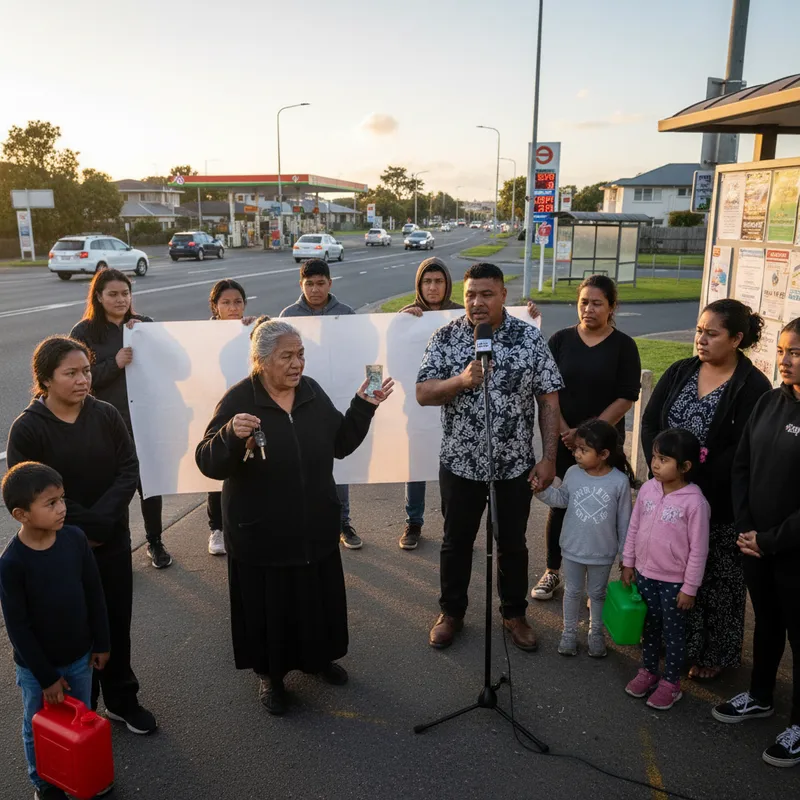 South Auckland families in a realistic setting, representing struggling households benefiting from a government fuel payment.