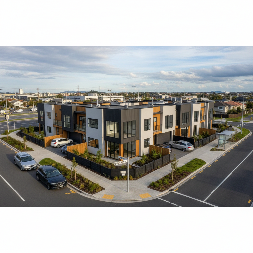 Modern three-bedroom homes for sale on a corner site in Papatoetoe, South Auckland.