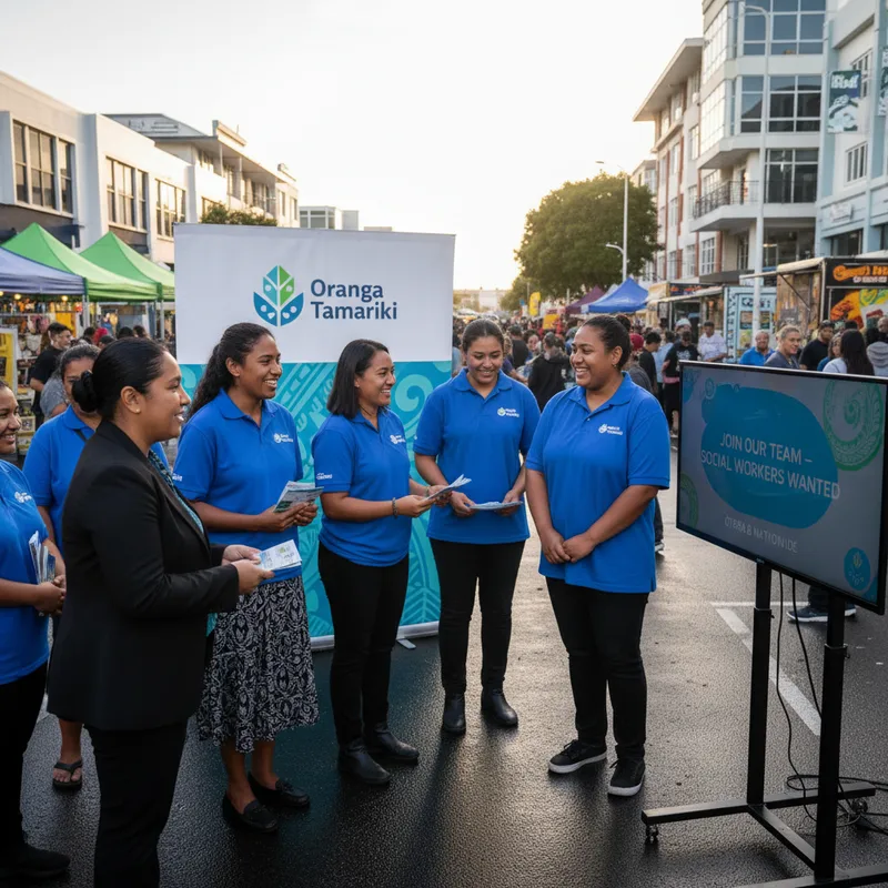 Social workers at Oranga Tamariki in Ōtara, New Zealand, during a recruitment drive for care and protection roles.