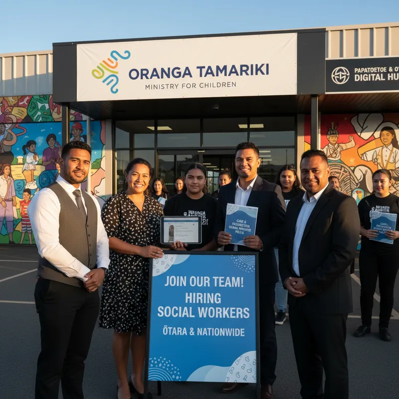 Social workers and a family collaborating indoors in a realistic setting within Ōtara.