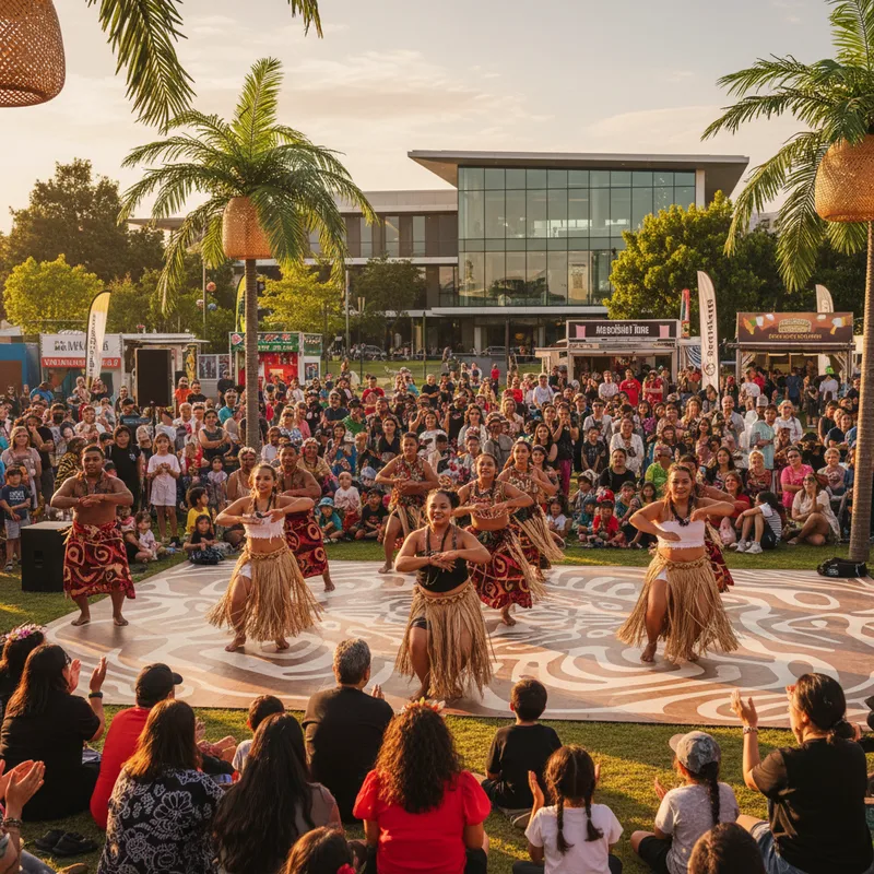 Dancers in colorful attire perform during the Pacific Dance Festival in South Auckland.