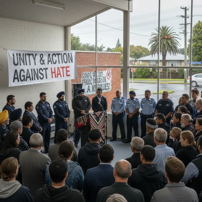 Community leaders, police, and politicians gathered in Papatoetoe to address rising anti-Indian sentiment and racist graffiti.