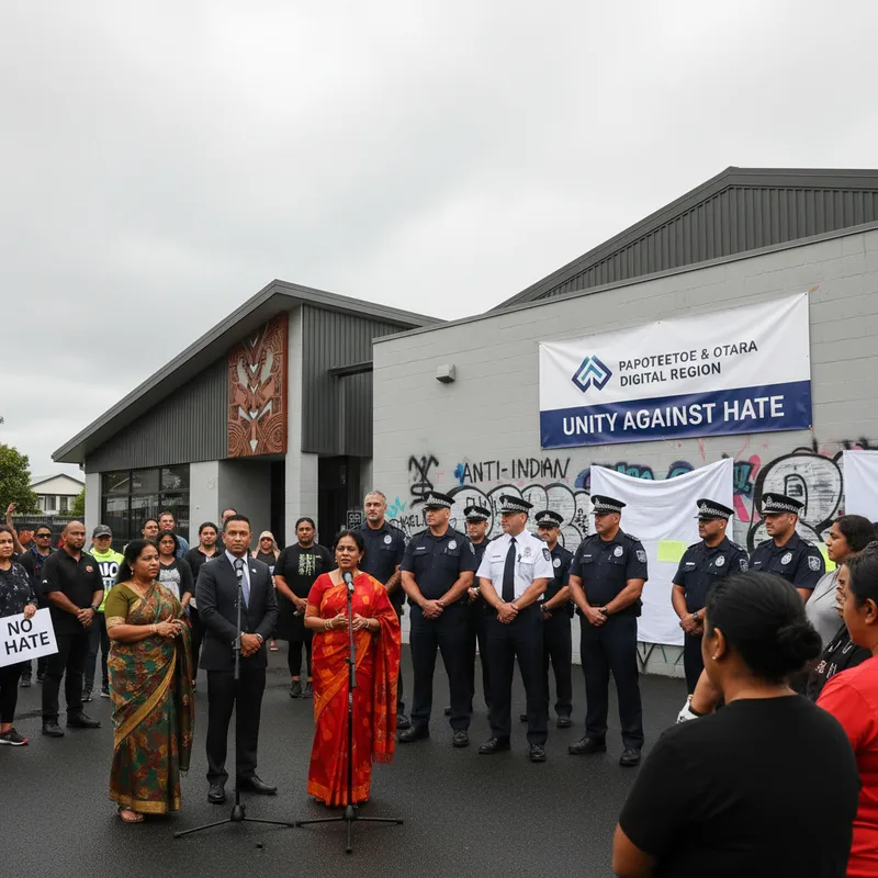 Community leaders, police, and politicians gather in Papatoetoe to discuss anti-Indian sentiment and racist graffiti.
