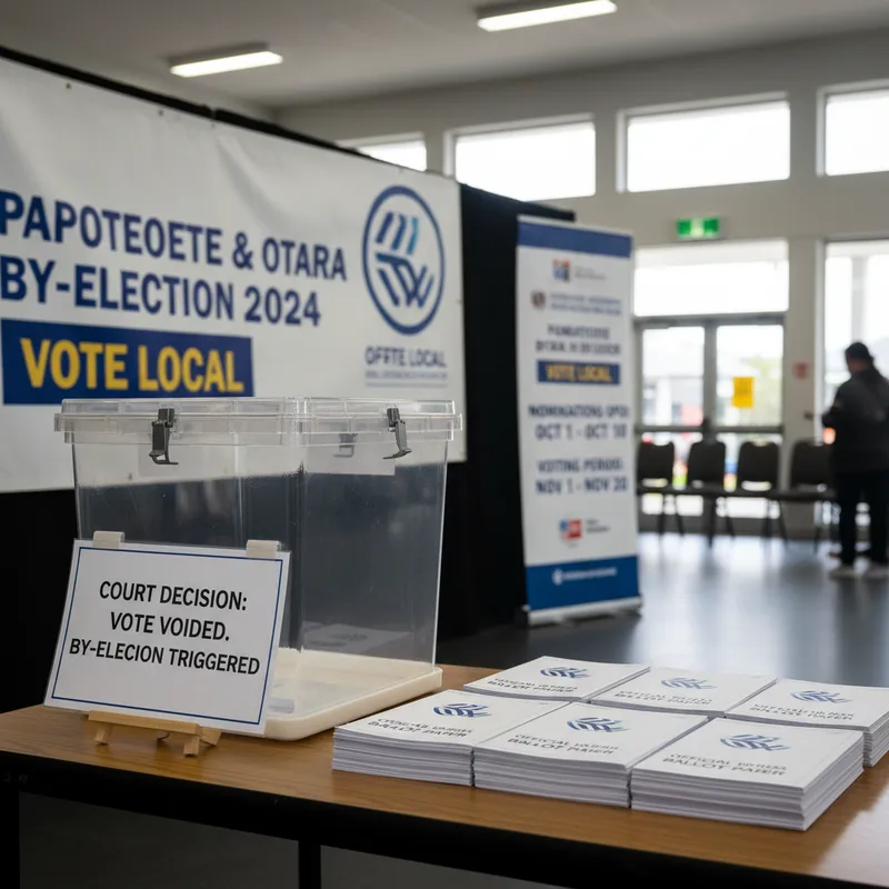 Ballot box and voting papers at Papatoetoe community venue with election signs