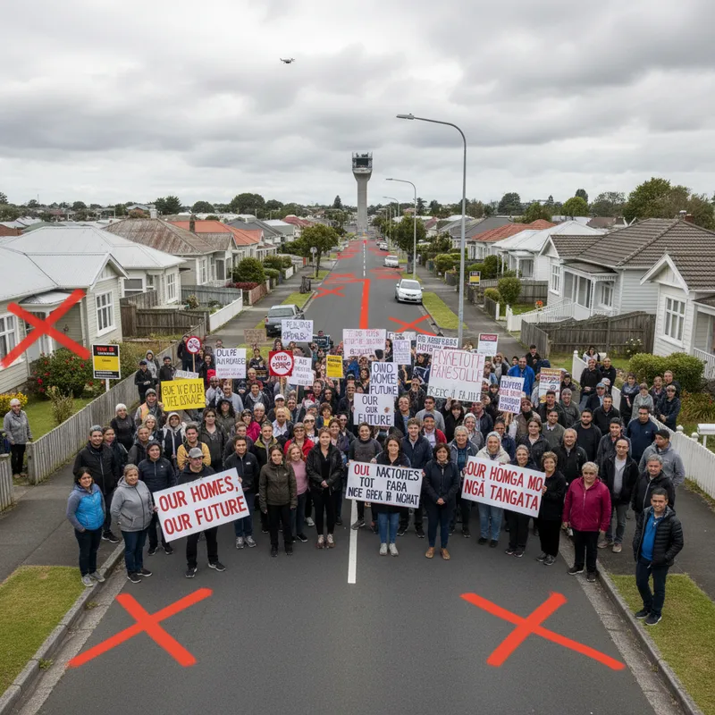 Papatoetoe homes under a grey sky, properties marked for a potential, unfunded rapid transit project.