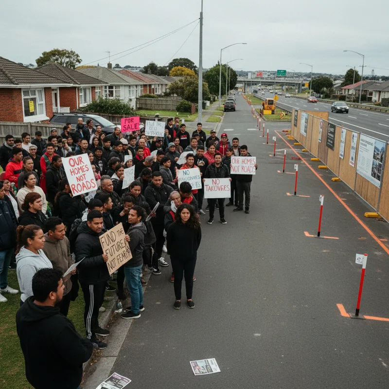 A street in Papatoetoe with houses, some marked for a future transit project.