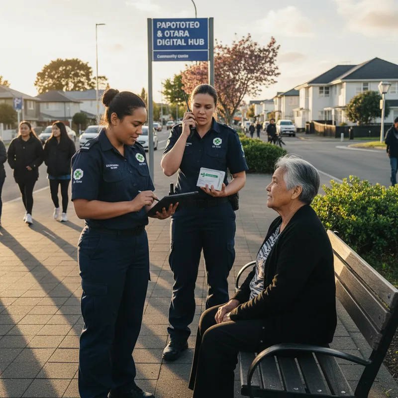 Paramedics in uniform at a health facility, with one speaking to a patient in a realistic setting.