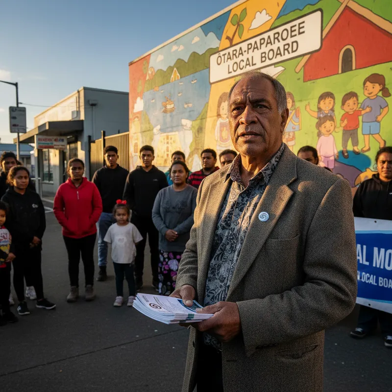 Karl Mokaraka, a political figure, stands outdoors in a realistic setting, possibly Papatoetoe or Otara.